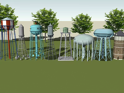 Industrial Water Storage Equipment With Various Colors Different Shapes Metal Supports And Trees In Background 3d model