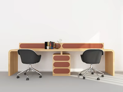 Modern Wooden Desk With Two Black Chairs Books On Shelf And Drawer Cabinet 3d model