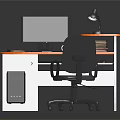 Modern Office Desk With Orange Surface Black Monitor Lamp Books Coffee Cup And Chair