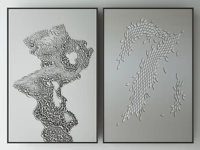 Two Modern Abstract Wall Paintings With Black White Geometric Patterns And Frames 3d model