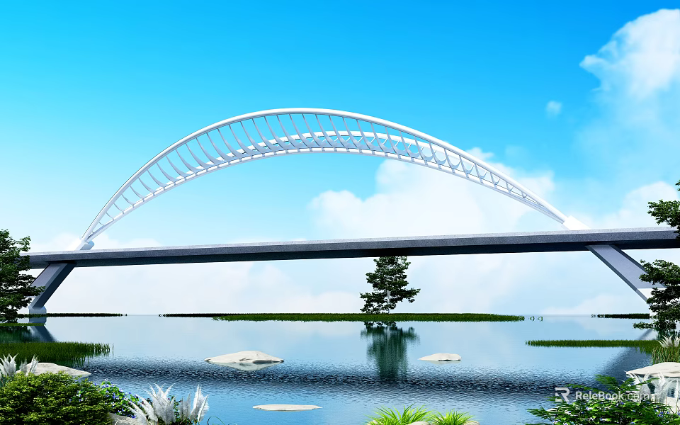 Modern White Arch Bridge Spanning Water Under Blue Sky With Clouds Reflection And Island Trees 3d model 