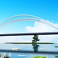 Modern White Arch Bridge Spanning Water Under Blue Sky With Clouds Reflection And Island Trees