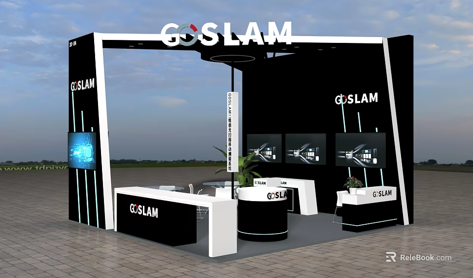 Elevator Hallway Featuring GOSLAM Booth With Display Screens And Reception Desk 3d model 