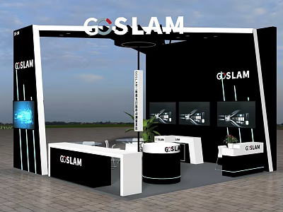 Elevator Hallway Featuring GOSLAM Booth With Display Screens And Reception Desk 3d model