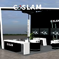 Elevator Hallway Featuring GOSLAM Booth With Display Screens And Reception Desk