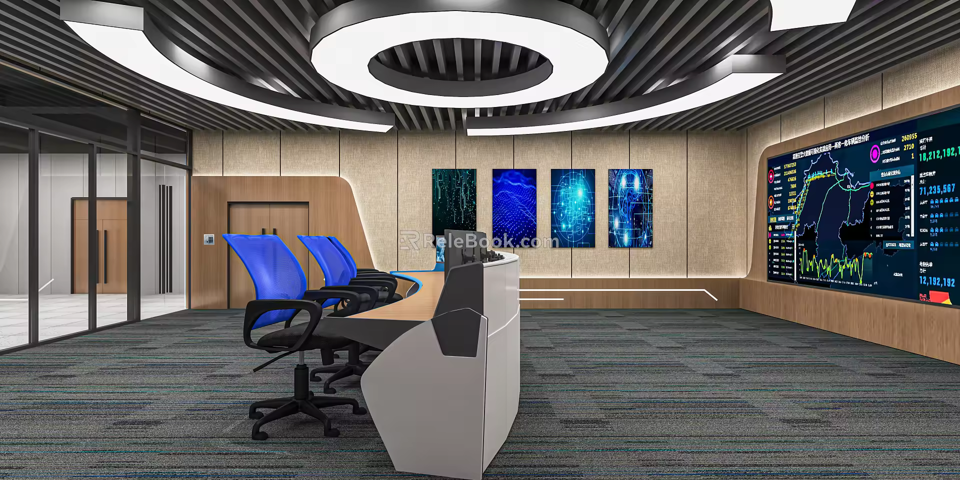 modern monitoring room command control hall monitoring hall dispatching command center office desk and chair 3d model