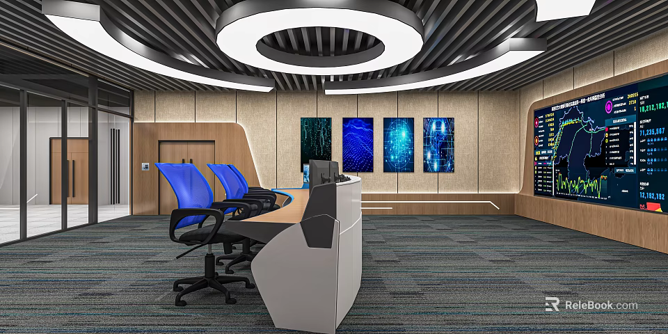 Modern Monitoring Room Interior With Control Desk Multiple Monitor Screens And Blue Chairs 3d model 
