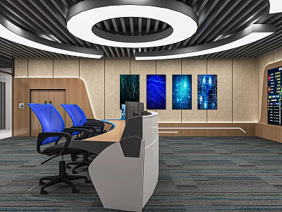 Modern Monitoring Room Interior With Control Desk Multiple Monitor Screens And Blue Chairs 3d model