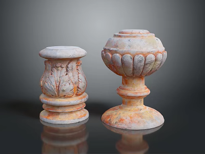 Two Classical Stone Pillars With Carved Leaf Patterns And Textured Bases 3d model