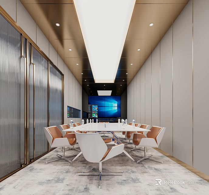 Modern Conference Room With White Table White And Brown Chairs Large Screen And Ceiling Lights 3d model 