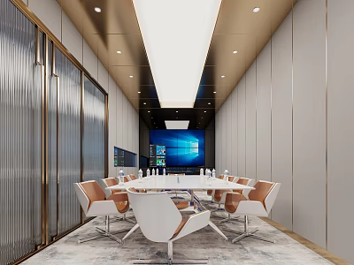 Modern Conference Room With White Table White And Brown Chairs Large Screen And Ceiling Lights 3d model