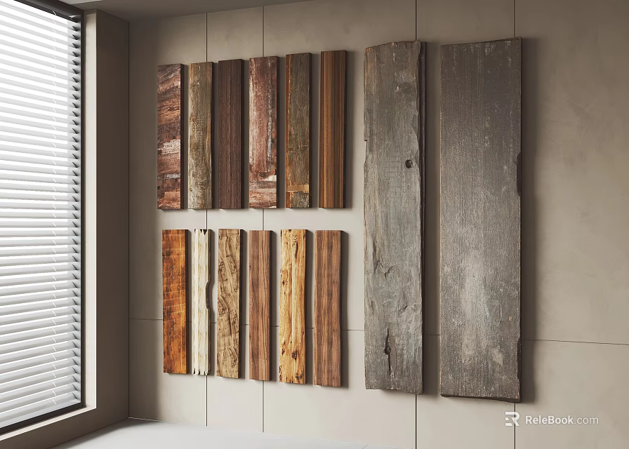 Natural Stone Wall Interior Decor With Various Wooden Planks And Rustic Wood Panels 3d model 