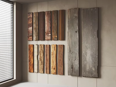 Natural Stone Wall Interior Decor With Various Wooden Planks And Rustic Wood Panels 3d model