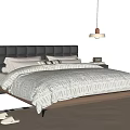 Double Bed with Black Leather Tufted Headboard White Striped Quilt Wooden Nightstands and Lamp