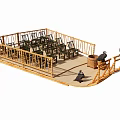 Handcrafted Wooden Boat Model with Seating Railings and Two Birds at Stern