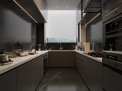 Modern Kitchen Interior With Gray Cabinets Marble Countertops Appliances And Window Roller Shades 3d model