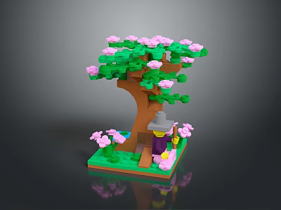 Lego Tree With Green Leaves Pink Flowers And A Small Figure Sitting Under It 3d model