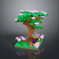 Lego Tree With Green Leaves Pink Flowers And A Small Figure Sitting Under It