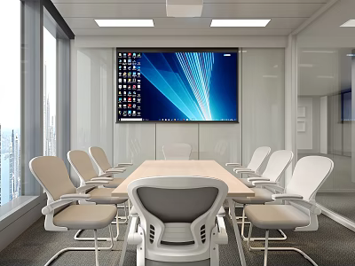 Modern Conference Room With Long Table Chairs And Large Screen 3d model