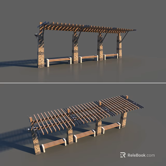 Outdoor Pergola Design Featuring Wooden Slatted Roof Stone Pillars And Benches 3d model 