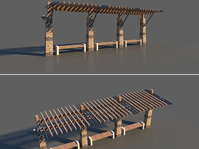 Outdoor Pergola Design Featuring Wooden Slatted Roof Stone Pillars And Benches 3d model