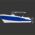 Blue And White Recreational Boat With Canopy Orange Seats And Life Jackets