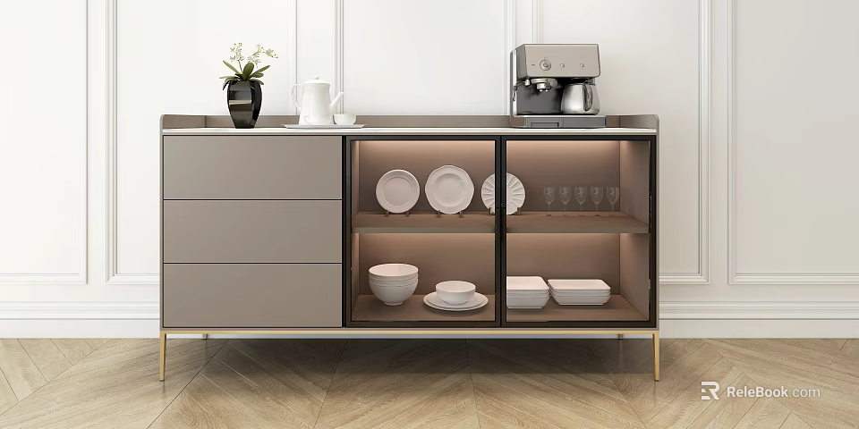 Modern Sideboard With Drawers Glass Doors And Displayed Dinnerware Top Coffee Machine Vase 3d model 