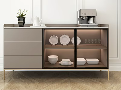 Modern Sideboard With Drawers Glass Doors And Displayed Dinnerware Top Coffee Machine Vase 3d model