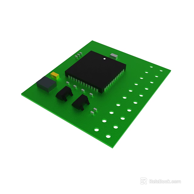 Green Circuit Board With Black Chip And Electronic Components 3d model