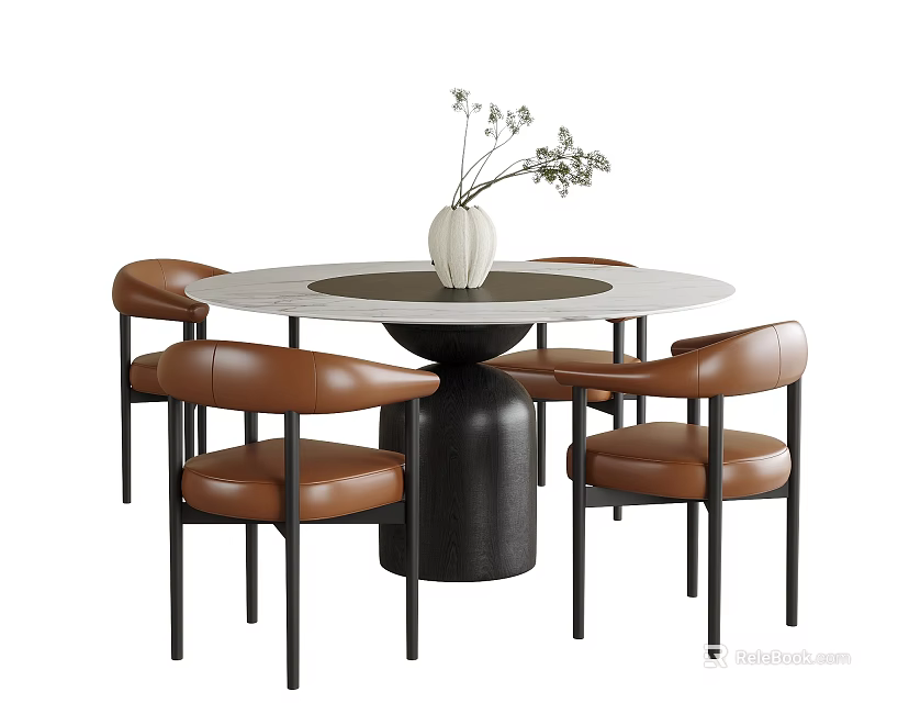Modern Round Dining Table Set With Brown Leather Chairs And Black Base Vase Decor 3d model 