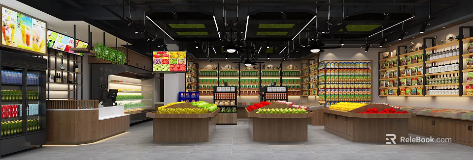 Fruit Store Interior With Fresh Fruit Display Counters And Organized Shelves 3d model 