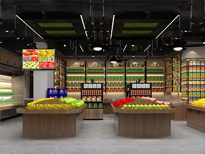 Fruit Store Interior With Fresh Fruit Display Counters And Organized Shelves 3d model