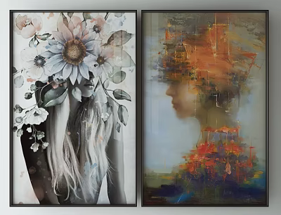 Two Decorative Paintings Featuring Sunflower Floral Woman Back And Abstract Profile With Colors 3d model