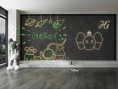 Colorful Decorative Neon Lights on Black Wall with Hello Hi Letters Astronaut and Elephant Patterns 3d model