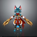 Blue Feline Character Creature With Pointed Ears Red Cape Golden Claws Gemstone Decoration Fantasy Design