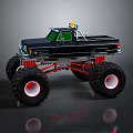 Rugged Off Road Terrain With Black Monster Truck Large Tires And Red Suspension