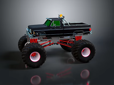 Rugged Off Road Terrain With Black Monster Truck Large Tires And Red Suspension 3d model