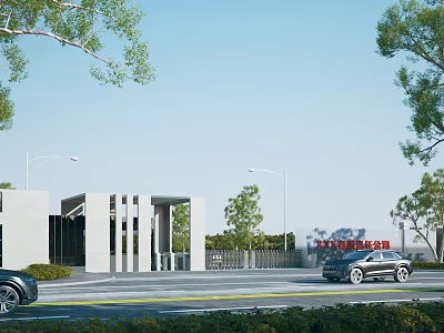 Modern Entrance Gate Architectural Design With Trees Street Lamps And Passing Cars 3d model