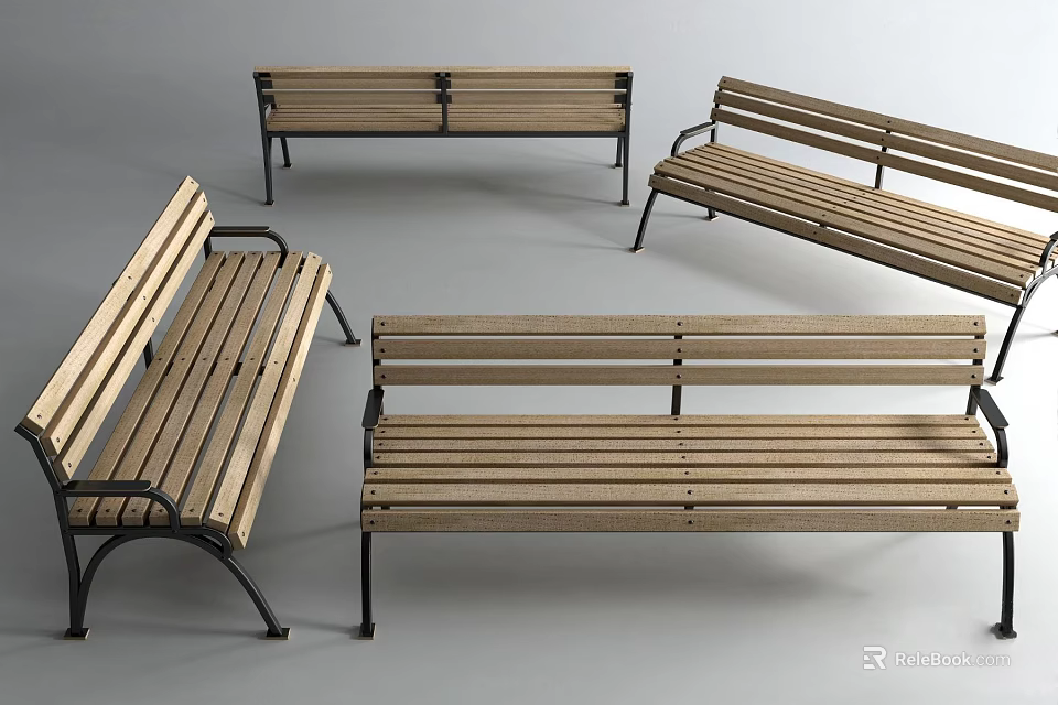 Sturdy Wooden Outdoor Benches With Black Metal Frames For Garden Patio Use 3d model 