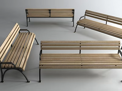 Sturdy Wooden Outdoor Benches With Black Metal Frames For Garden Patio Use 3d model