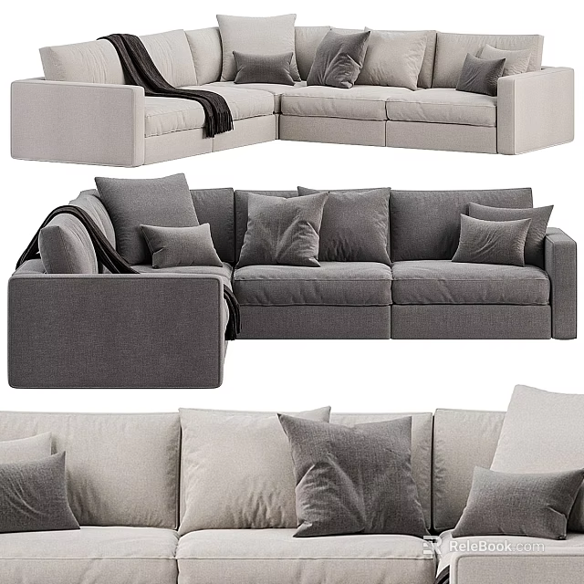 Modern Comfortable Gray Sectional Sofa With Soft Pillows And Cozy Blanket 3d model