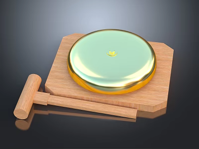 Elegant Shiny Golden Round Pendant on Wooden Base with Wooden Mallet 3d model