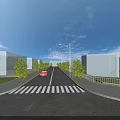 Municipal Road With Crosswalk Red Car Street Lamps Green Trees And White Buildings
