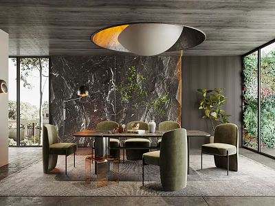 Elegant Modern Restaurant Interior With Marble Accent Wall Round Table And Velvet Chairs 3d model