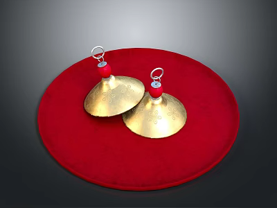 Two Golden Brass Cymbals Placed On Red Circular Pad Percussion Equipment 3d model