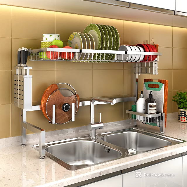 Stainless Steel Kitchen Sink With Shelf Holding Plates Fruits Knives And Cutting Board 3d model 