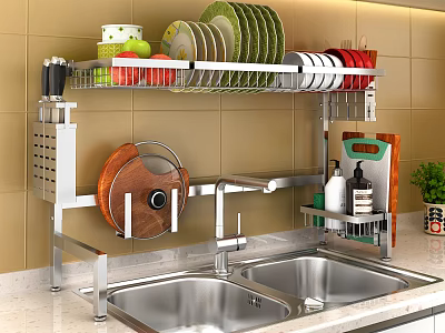 Stainless Steel Kitchen Sink With Shelf Holding Plates Fruits Knives And Cutting Board 3d model