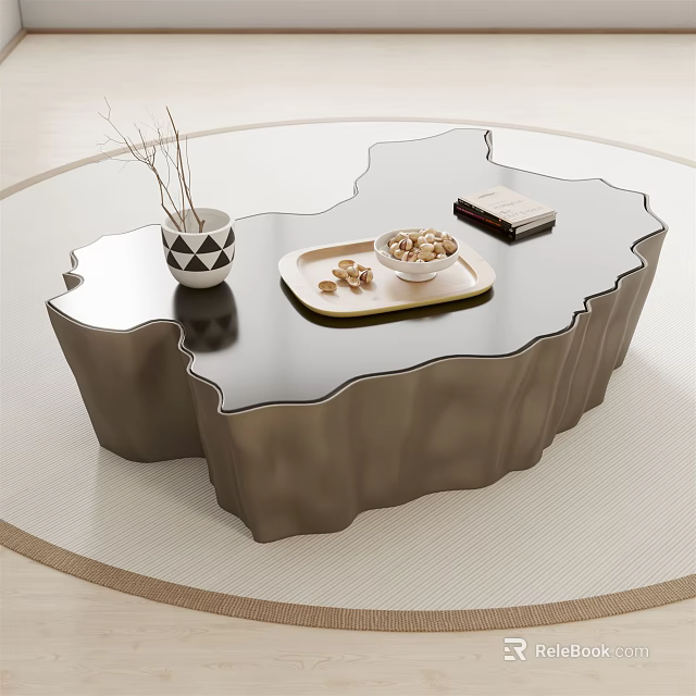 Modern Unique Irregular Coffee Table with Sleek Black Surface Bronze Base and Decorative Items 3d model