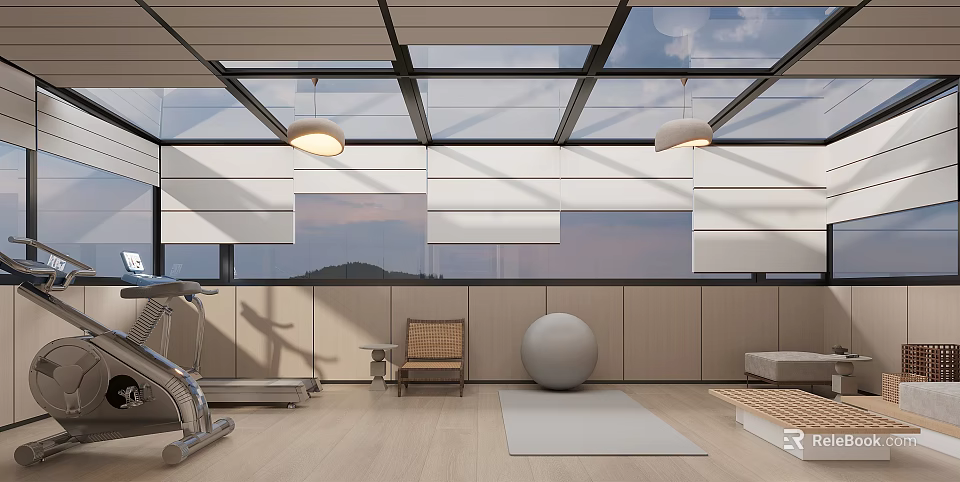 Villa Balcony Fitness Space With Skylight And Mountain View 3d model 