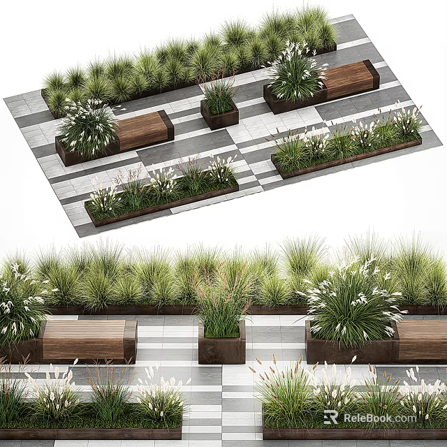 Modern Garden Ornaments With Lush Green Plants Wooden Benches And Patterned Paving Tiles 3d model 